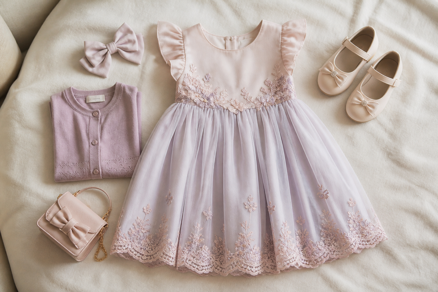 Vestido infantil de festa com laço cardigan sapato e bolsa