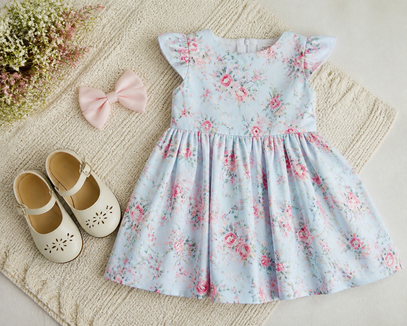 Look infantil para ensaio fotográfico com vestido floral, laço e sapatos