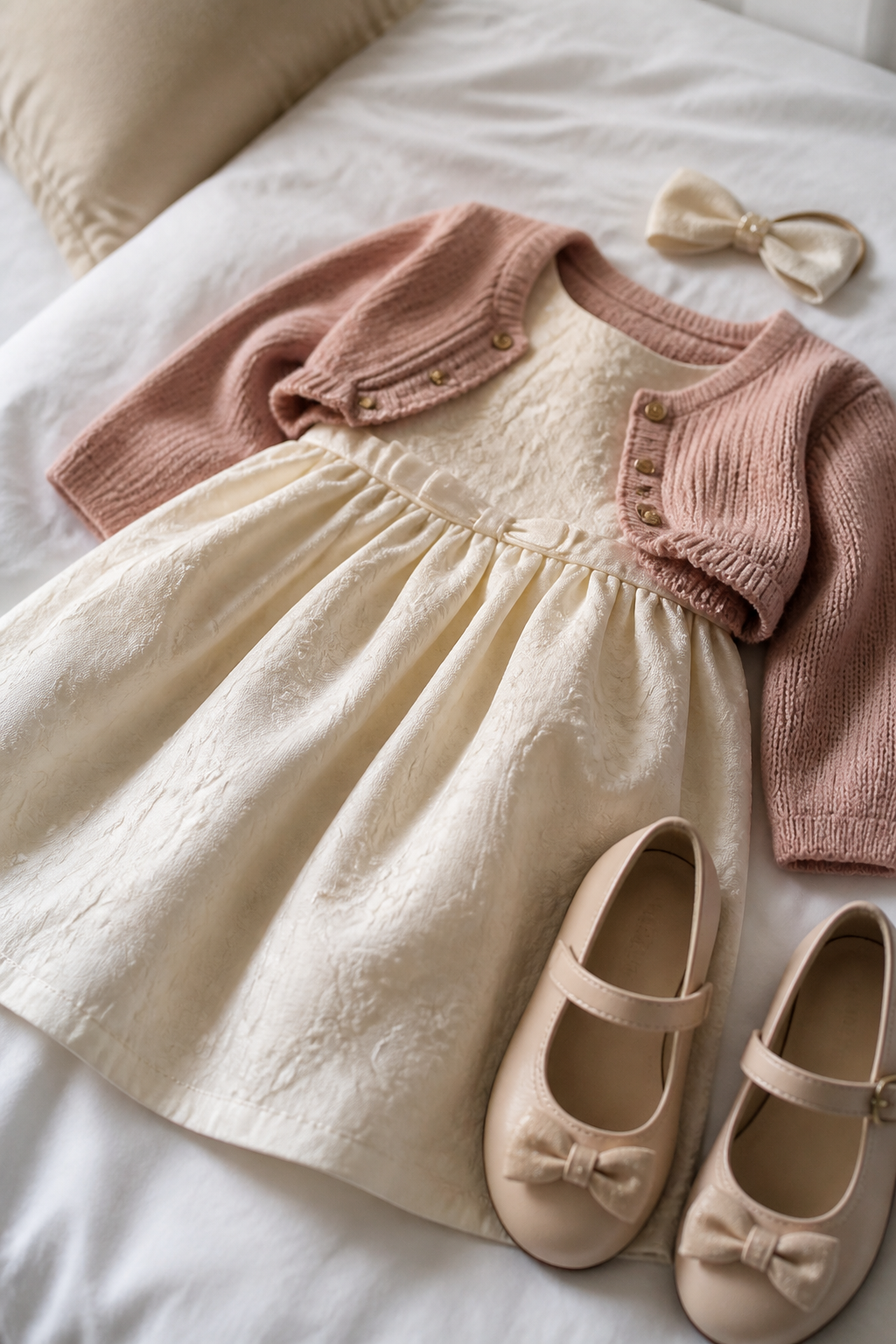 Detalhes de vestido infantil, cardigan, sapatos e acessório para compor um look de ocasião