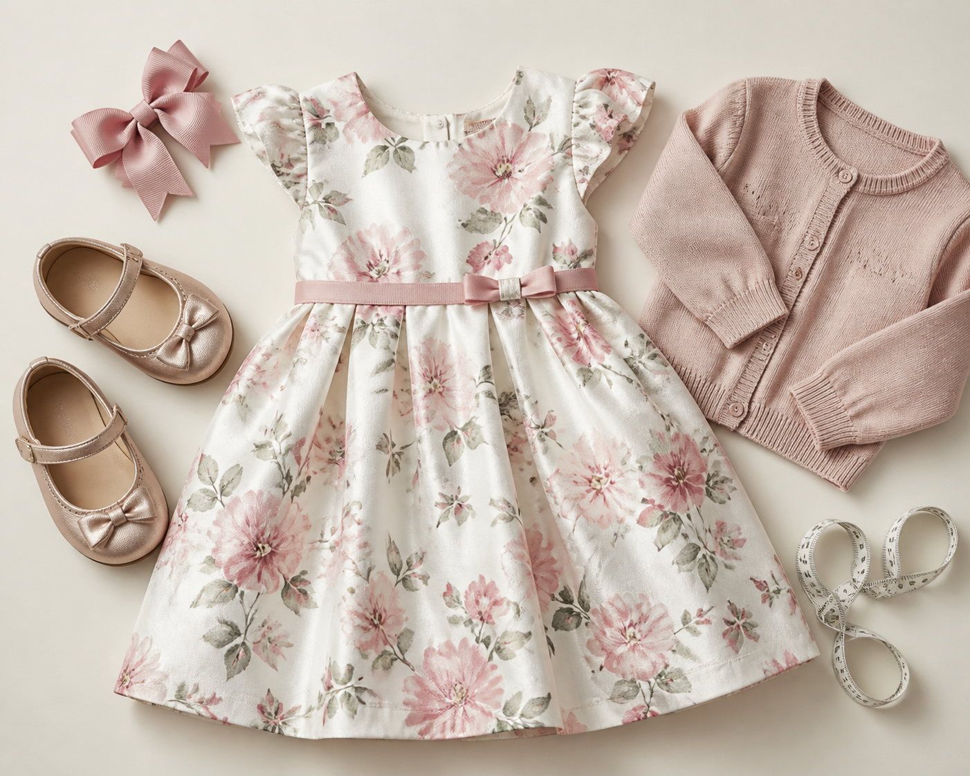 Look infantil feminino de festa com vestido floral, laço, sapatinho, casaquinho e fita métrica