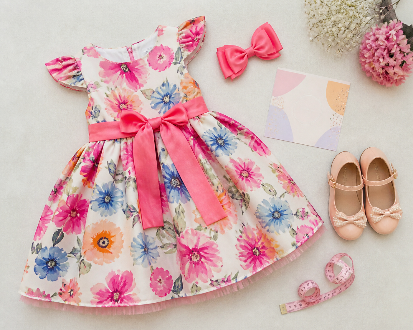 Vestido infantil floral com laço, sapatinho e fita métrica para look de festa em Goiânia