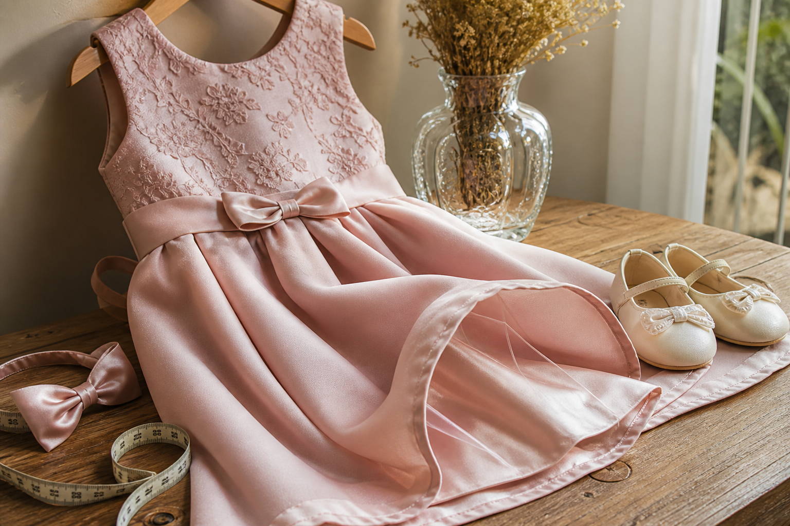 Detalhes de vestido infantil, tecido, laço, sapatos e fita métrica