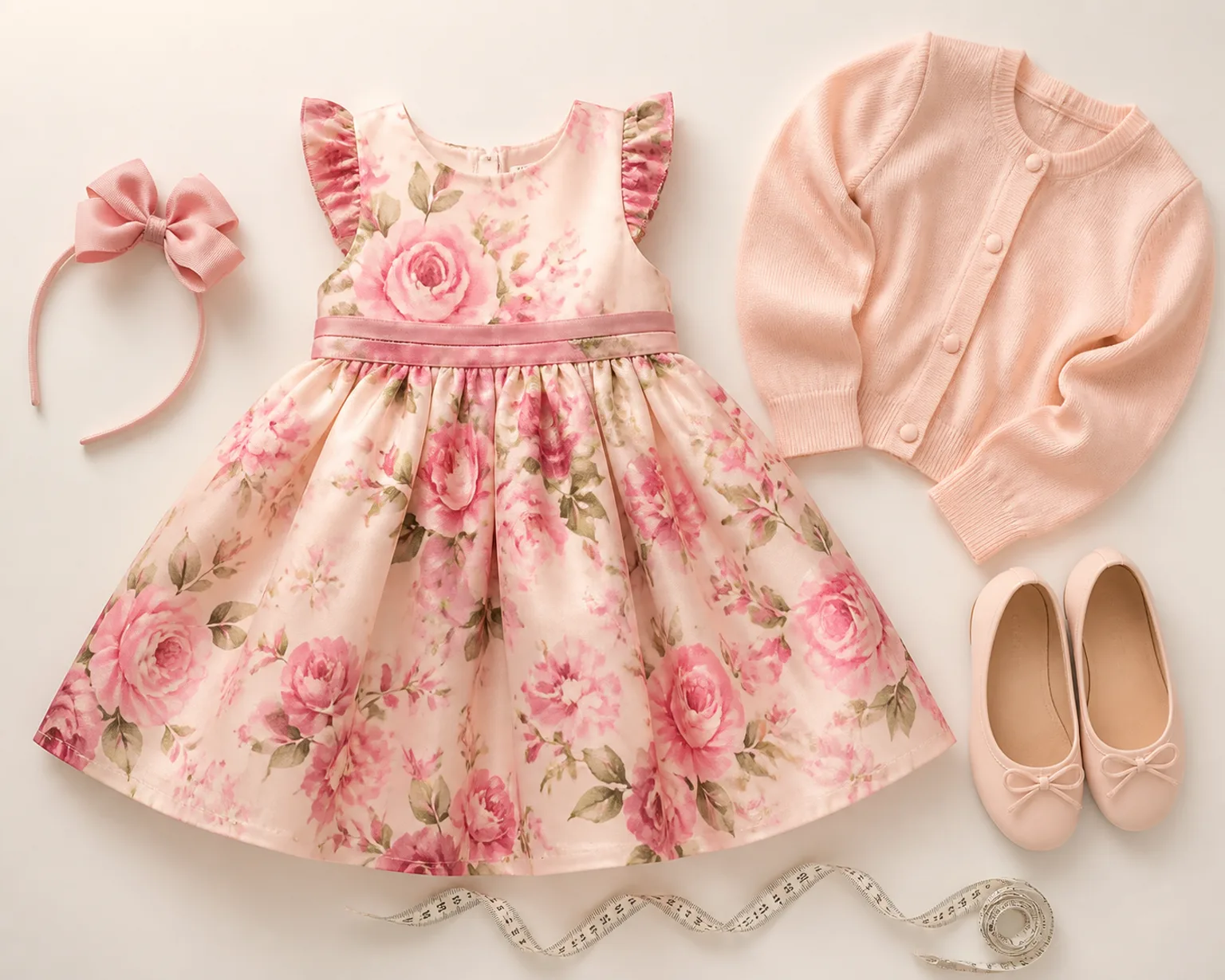 Vestido infantil floral com laço, sapatilha, cardigan e fita métrica para escolher tamanho