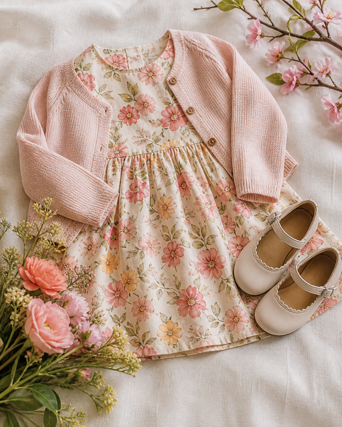 Vestido floral infantil com cardigan leve e sapatos para a primavera