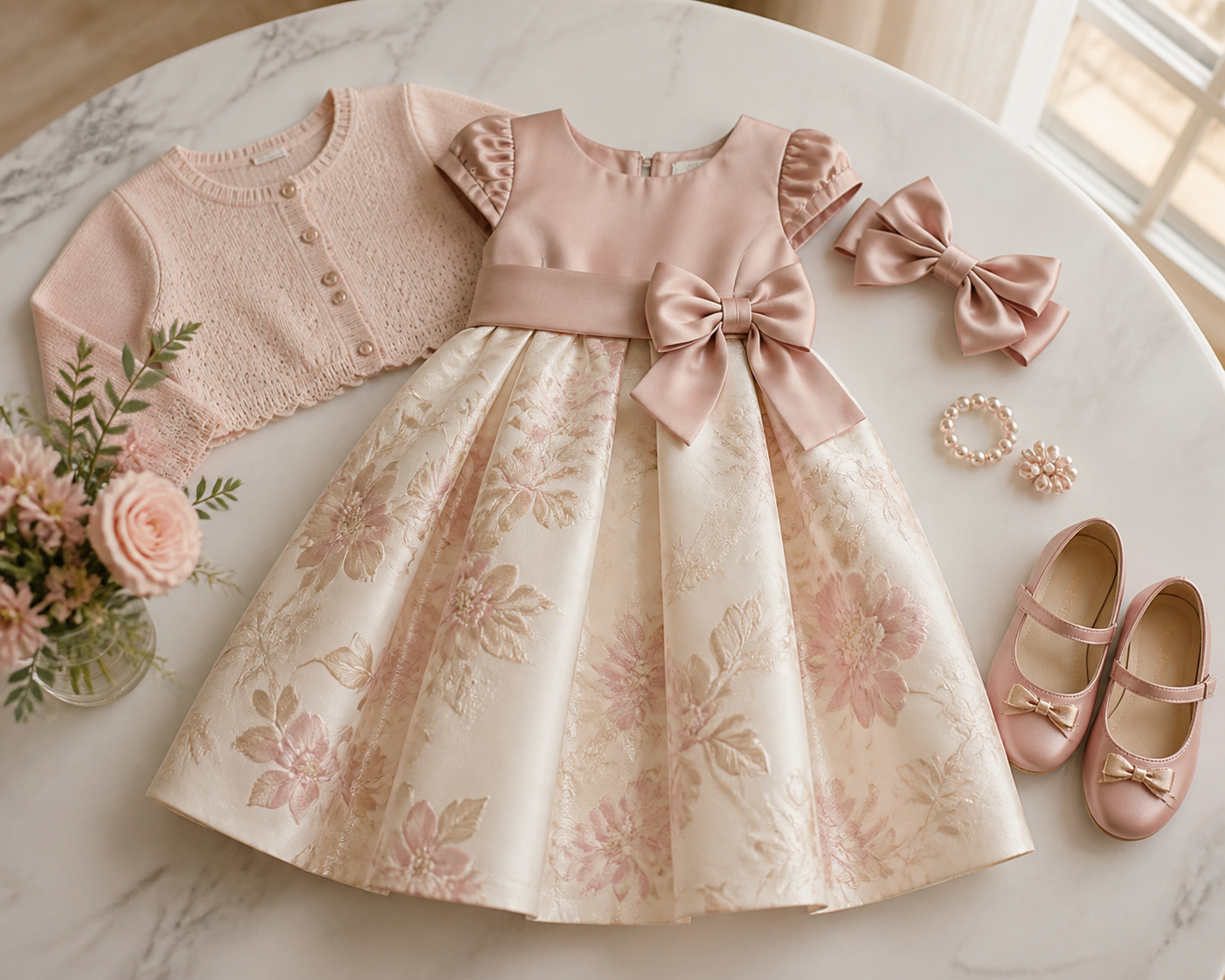 Look infantil feminino com vestido floral, casaquinho, laços e sapatinho para ocasião especial