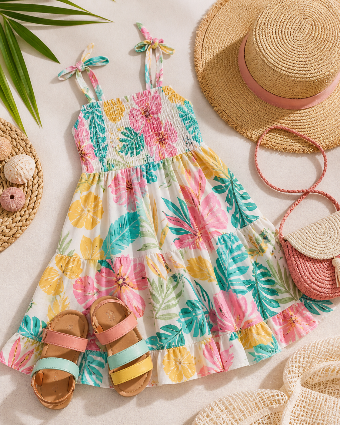 Look infantil de verão com vestido estampado, sandálias confortáveis e chapéu