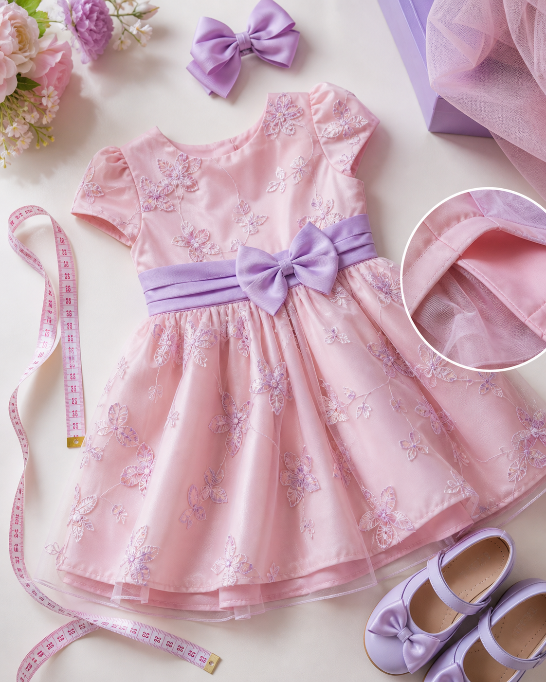 Detalhes de look infantil para aniversário com fita métrica, forro macio, laço e sapato confortável
