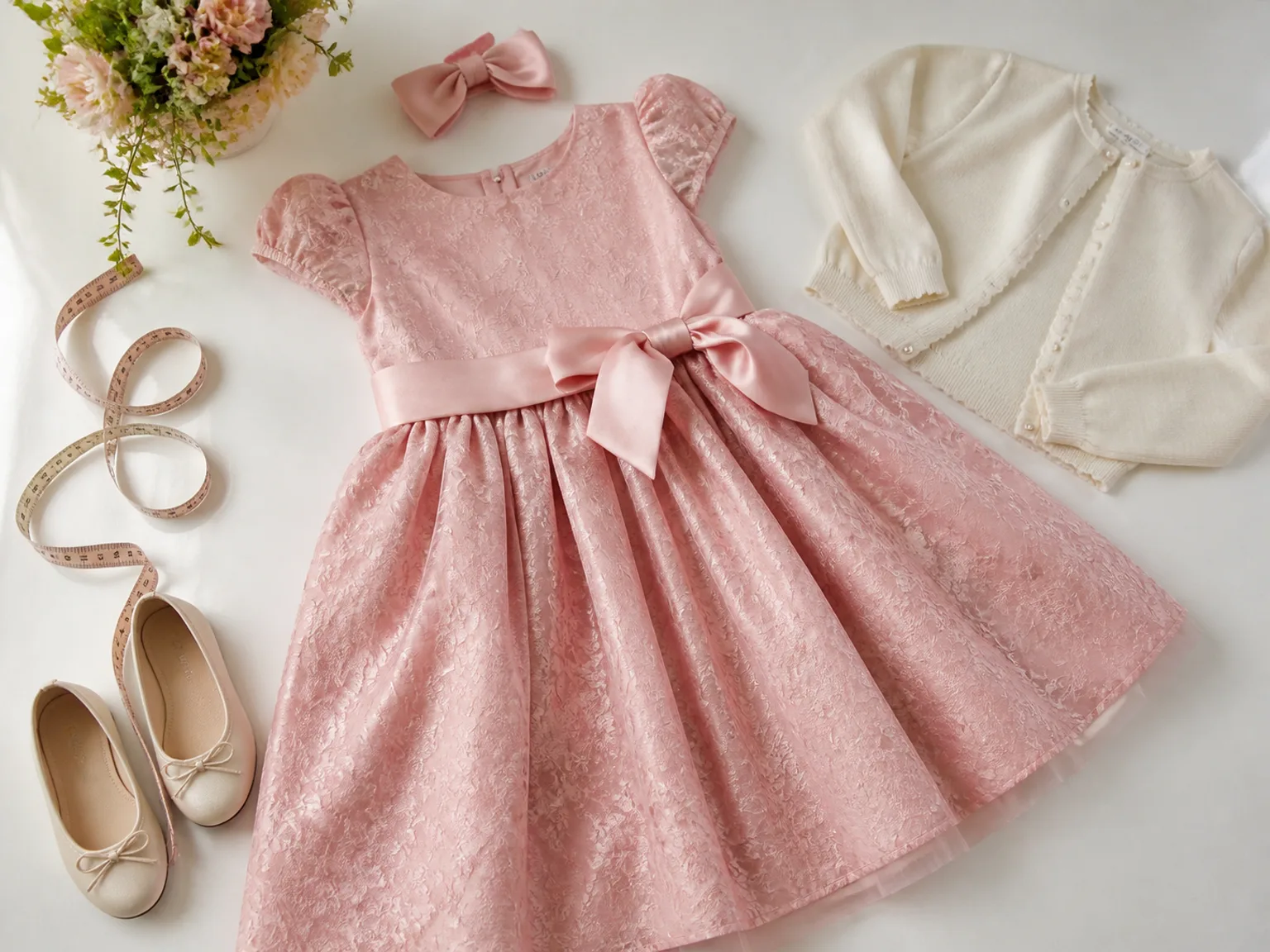 Vestido infantil rosa de festa com laço, sapatilha, cardigan e fita métrica para conferir tamanho