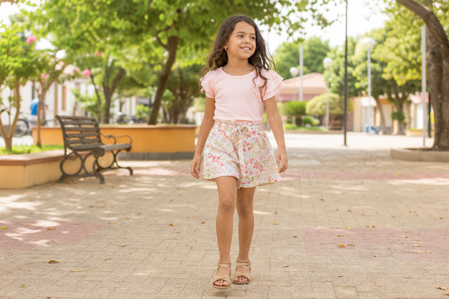 Menina usando conjunto infantil feminino confortável para passeio em praça arborizada de cidade goiana