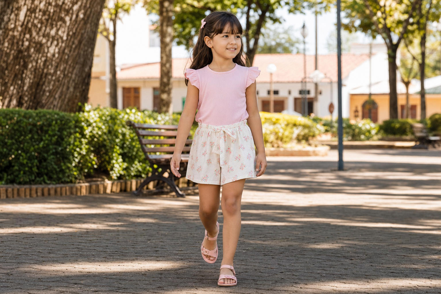 Menina usando conjunto infantil feminino confortável para passeio em praça arborizada de cidade goiana