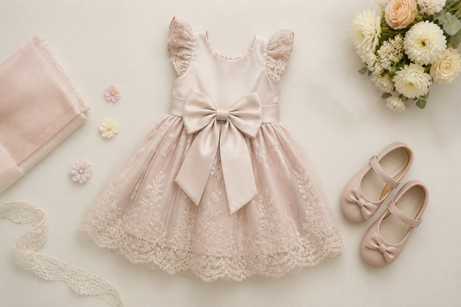 Flat lay de vestido infantil rosado com sapatinhos e flores para ocasião especial