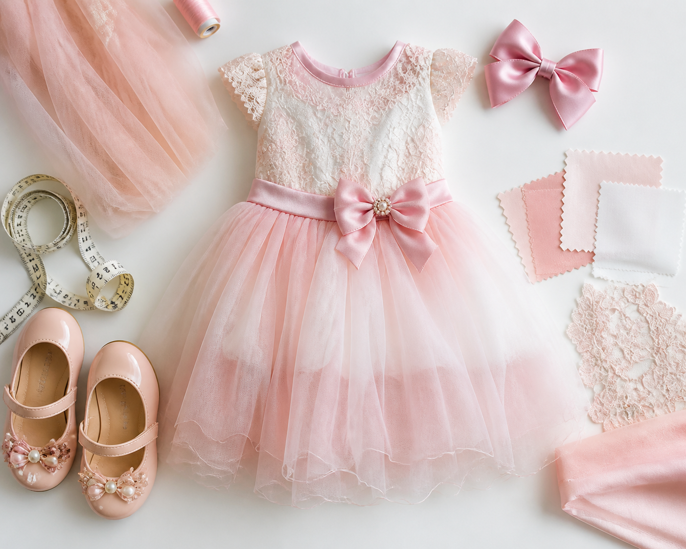 Vestido infantil de festa com sapatilha, laço e fita métrica