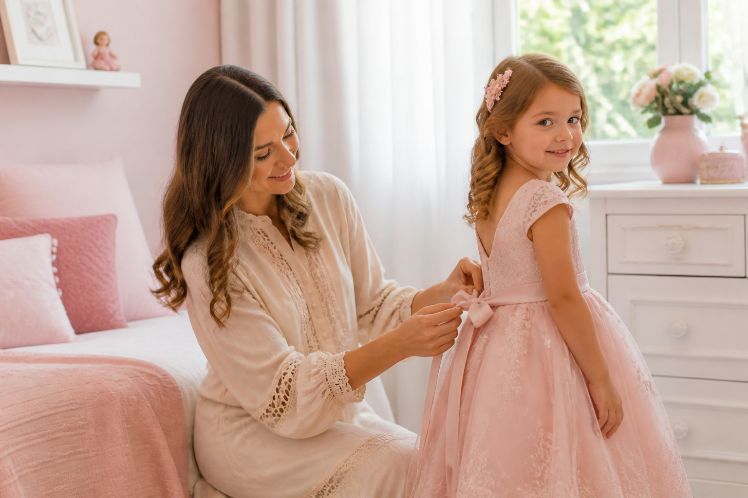 Menina usando vestido infantil de festa enquanto a mãe ajusta o laço para conferir caimento e conforto
