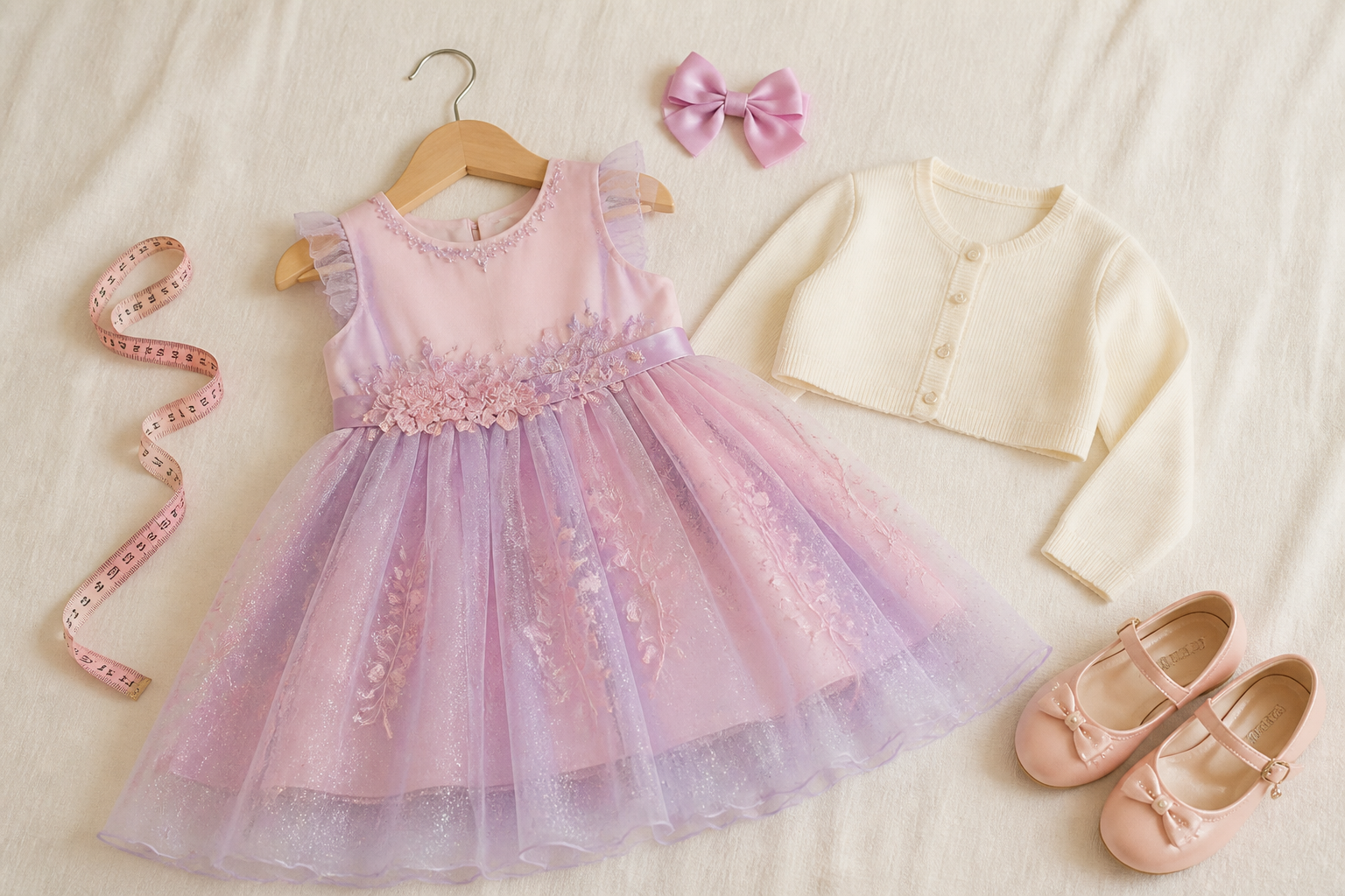 Vestido infantil de festa com fita métrica, laço, sapatinhos e casaquinho para planejar tamanho e acessórios