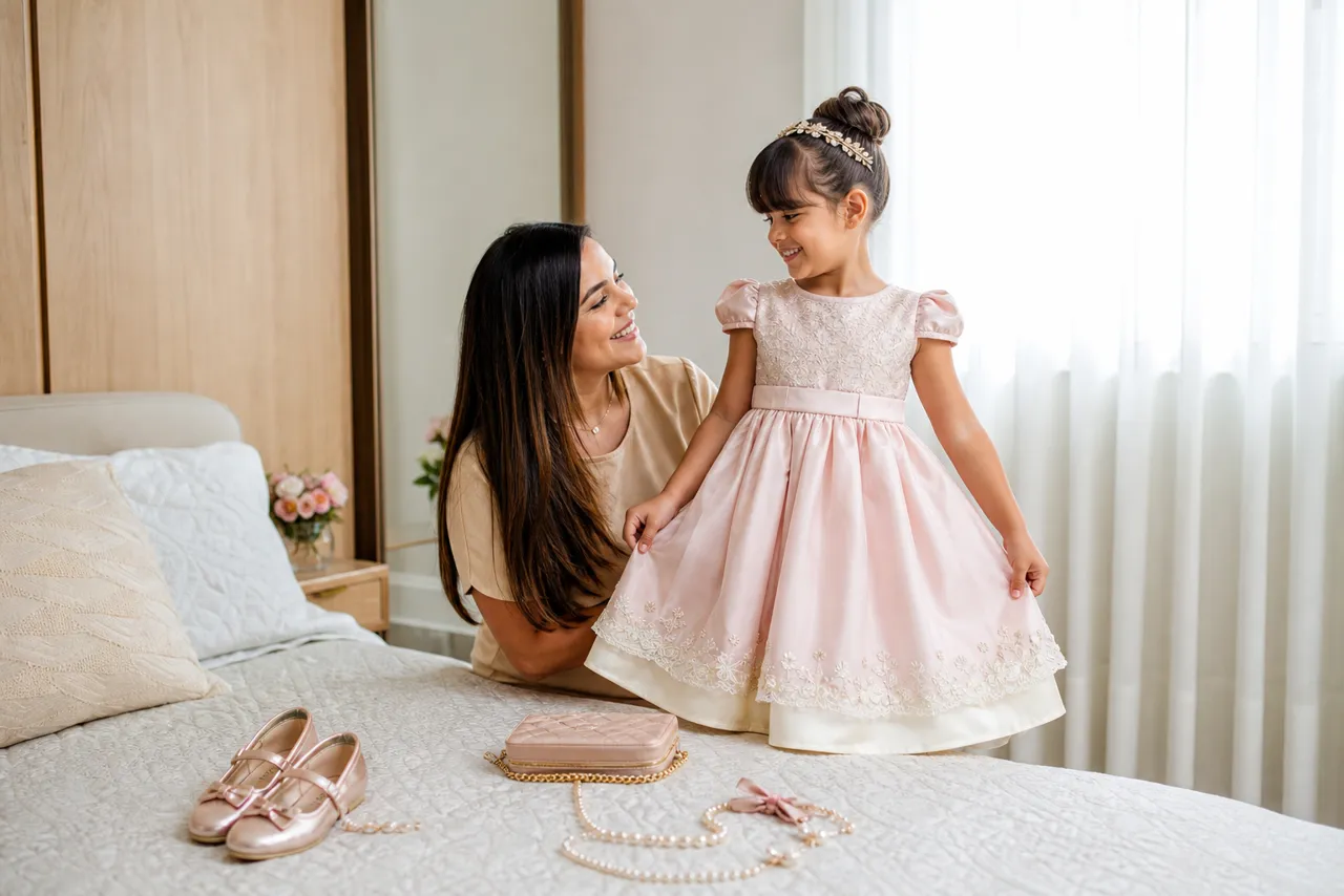 Mãe e filha planejando vestido infantil rosa para ocasião especial no Jardim Riviera