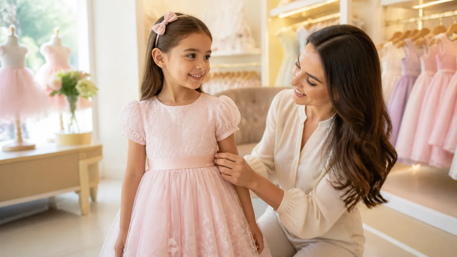 Menina usando vestido infantil rosa de festa enquanto a mãe ajusta o look no Parque das Nações