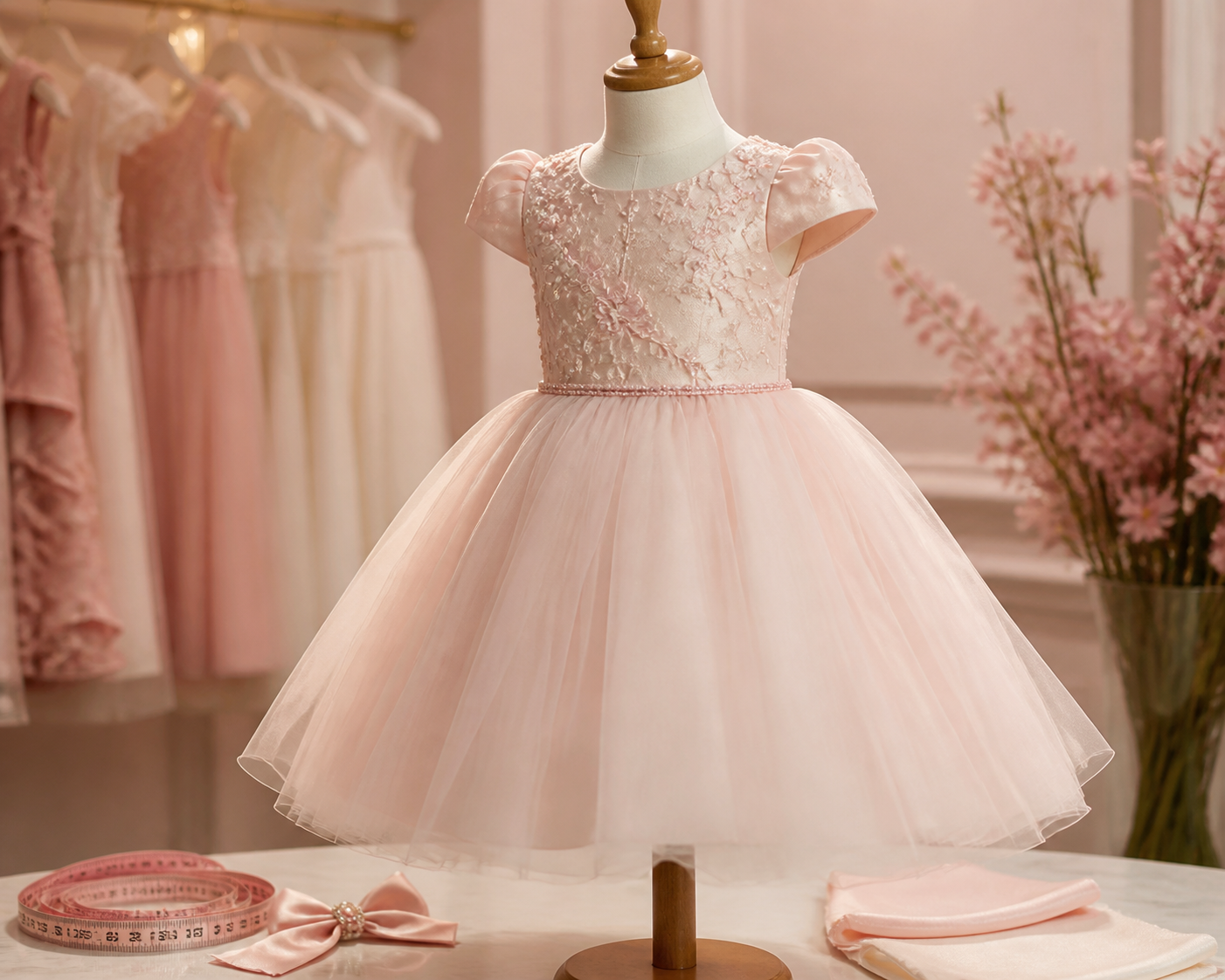 Vestido infantil rosa para ocasião especial em manequim de boutique, com fita métrica e laço