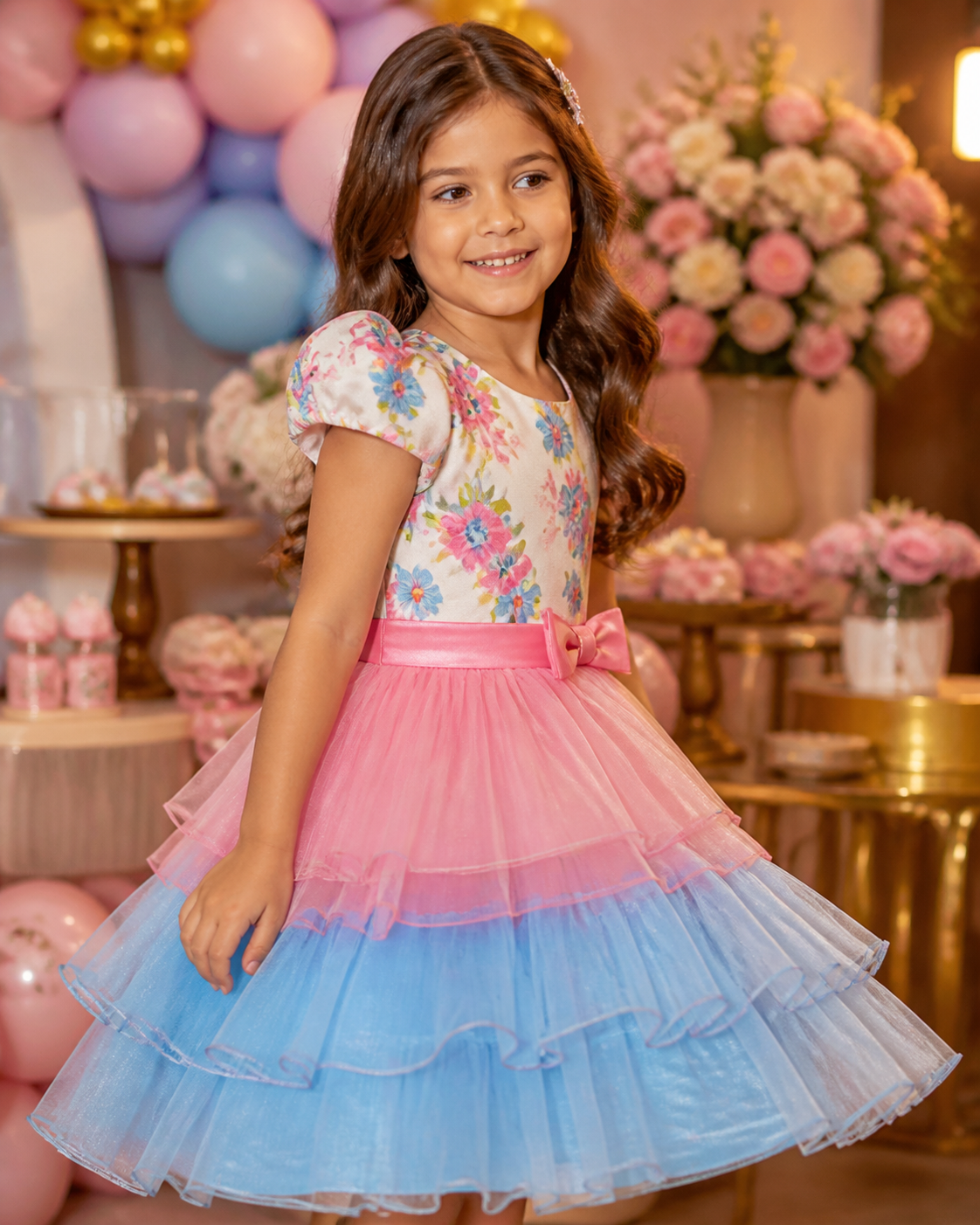 Vestido infantil colorido com saia de tule para aniversário