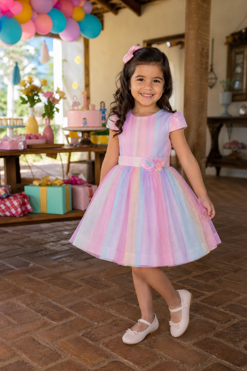 Menina usando vestido infantil colorido em festa de aniversário em Corumbaíba, Goiás