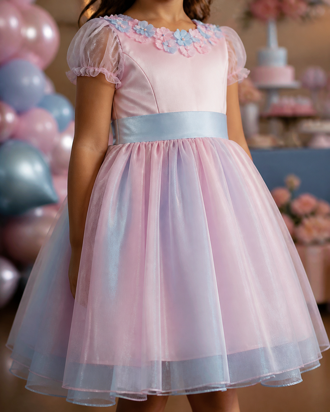Detalhe do tecido, cintura e saia de vestido infantil para aniversário