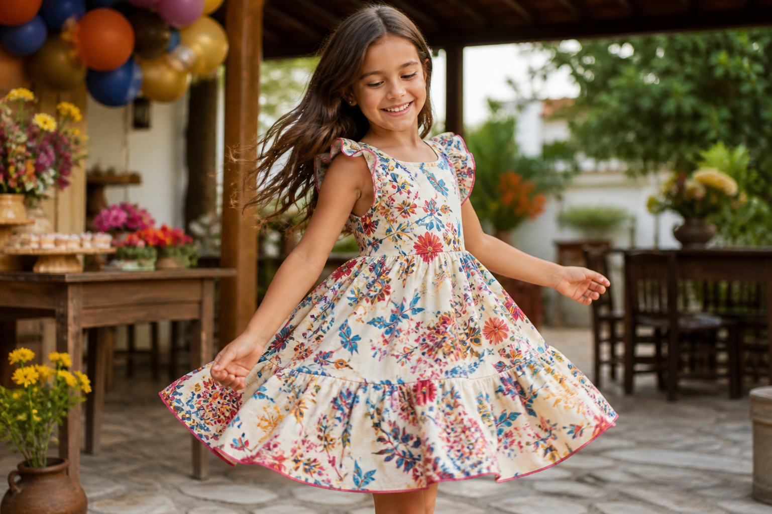 Menina usando vestido infantil colorido e confortável em festa de aniversário em Goiás
