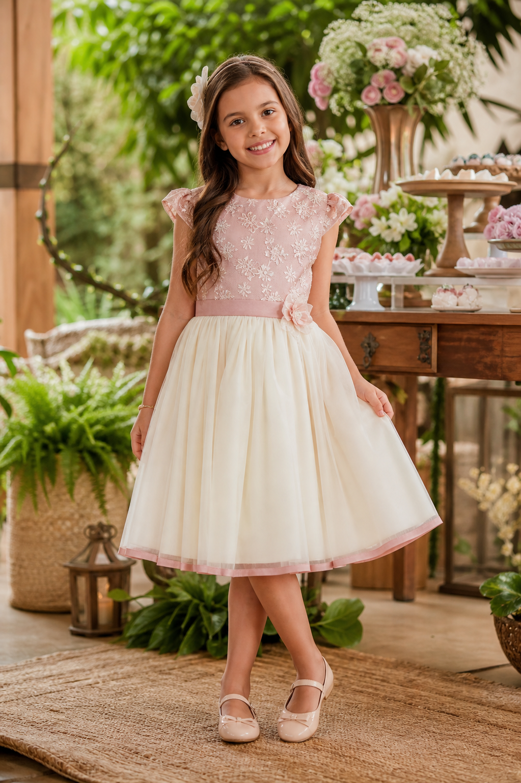 Menina usando vestido infantil elegante em comemoração no Jardim dos Ipês, Aparecida de Goiânia