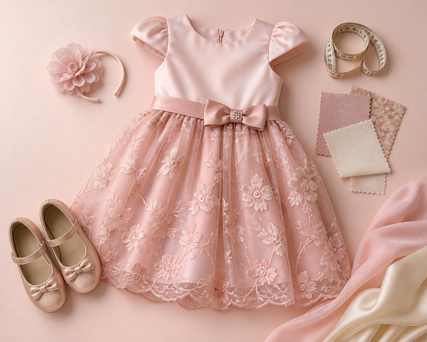 Look infantil feminino para ocasião especial com vestido, sapatos, acessório e fita métrica