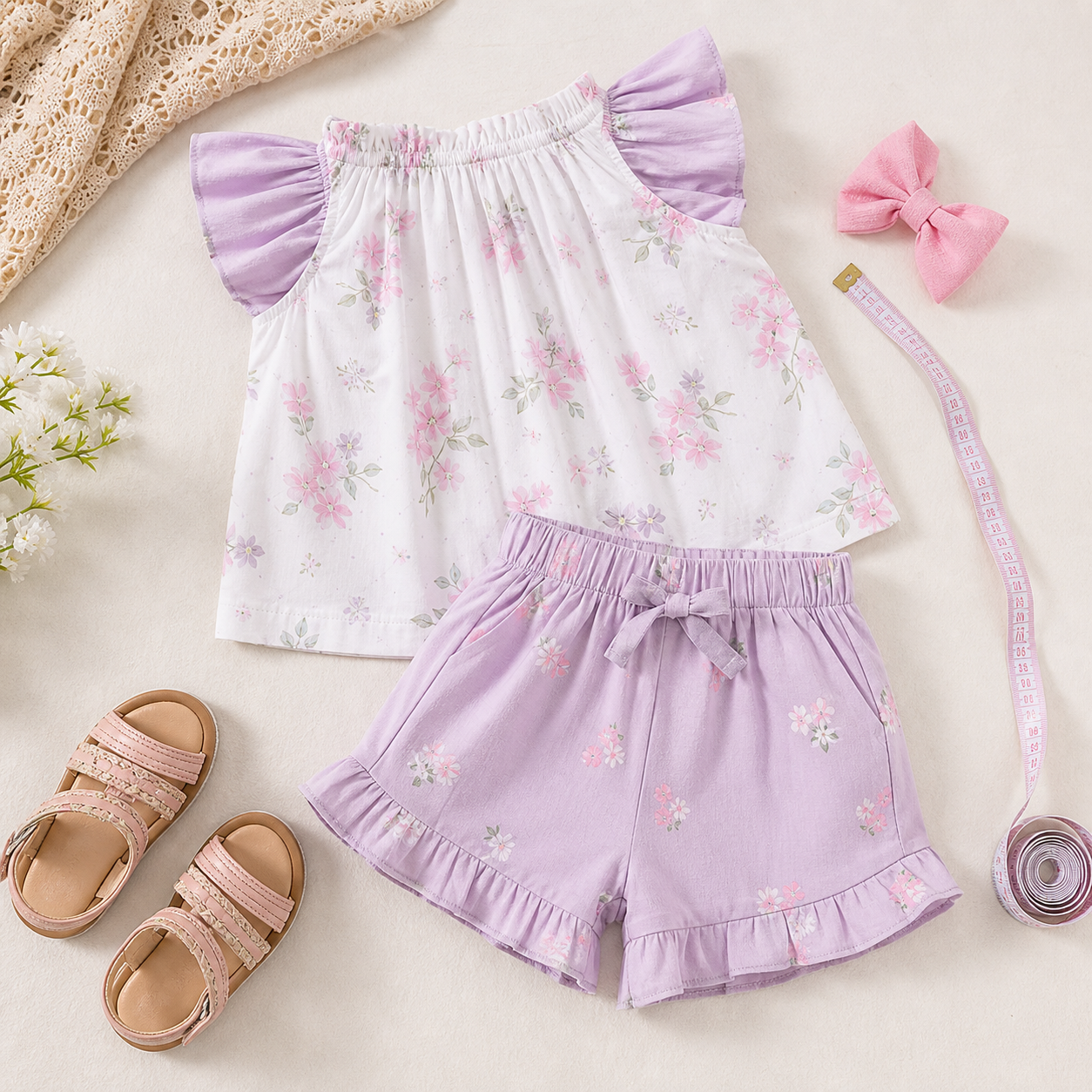 Conjunto infantil feminino com blusa, short, sandálias e fita métrica para conferir medidas