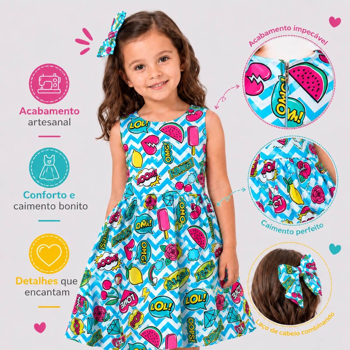 Vestido infantil Pop Art colorido com laço para festa
