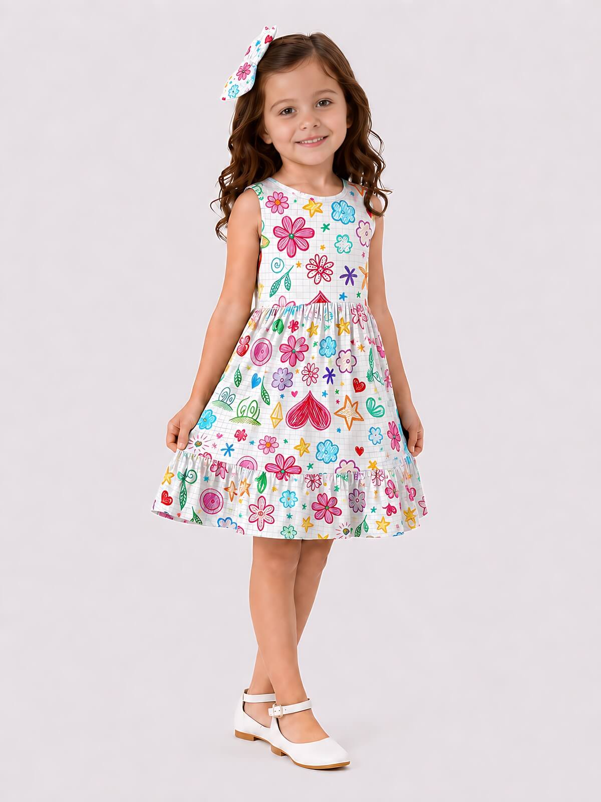 Vestido Infantil Verão Menina Estampado Colorido com Laço de Cabelo vendido na Moderna Meninas