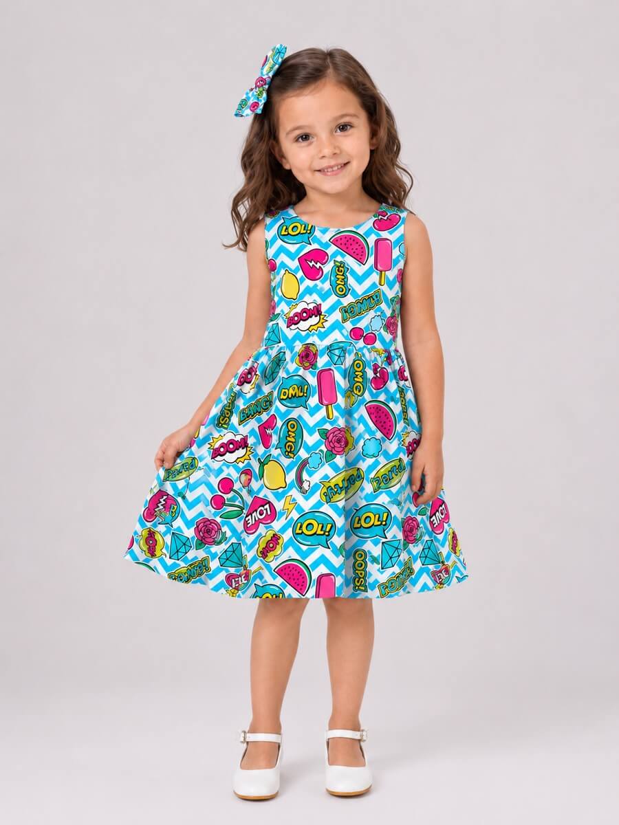 Vestido infantil Pop Art de festa com laço vendido na Moderna Meninas