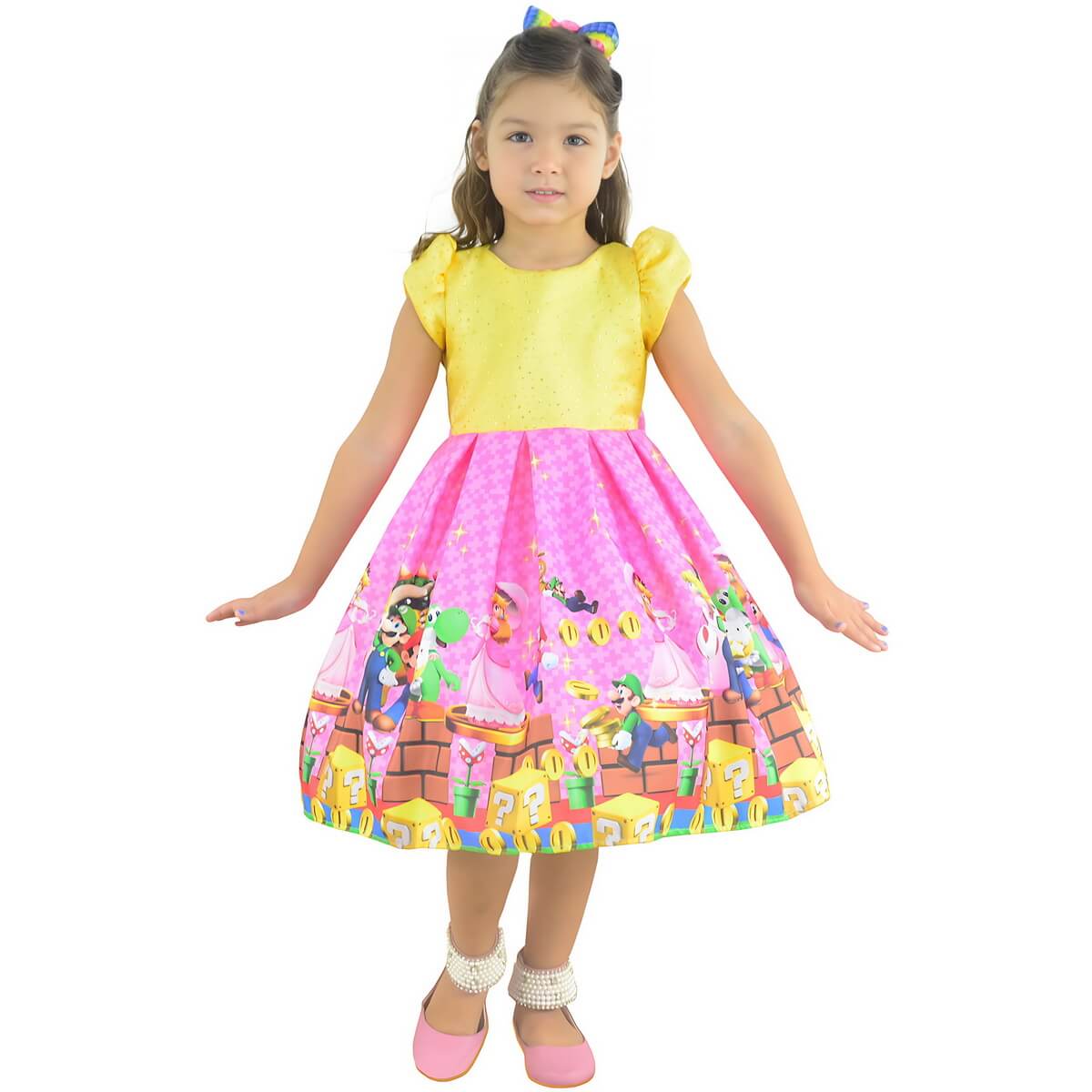 Vestido Super Mario com a Princesa Peach da loja Moderna Meninas