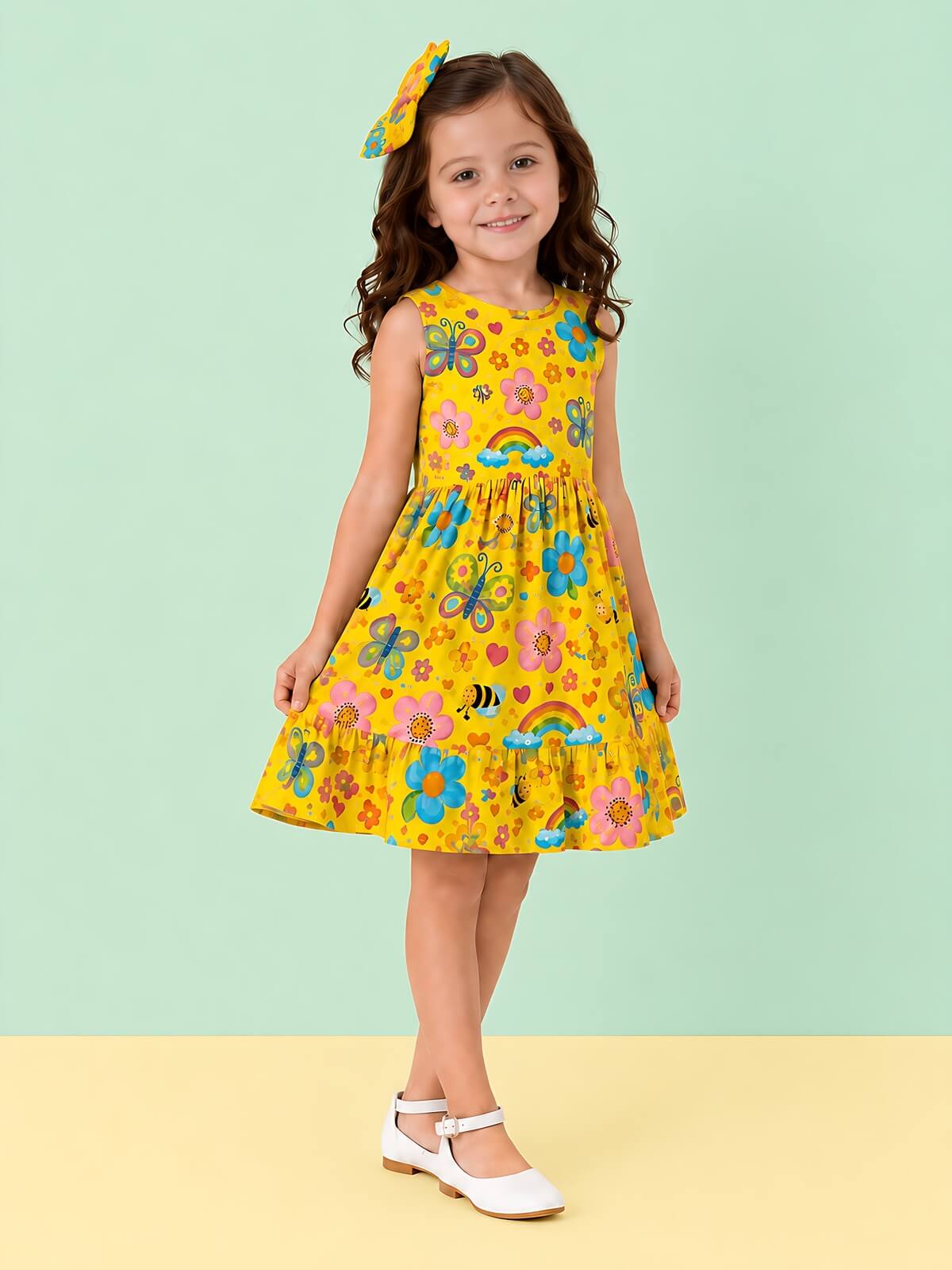 Vestido infantil juvenil de verão estampado com laço da Moderna Meninas
