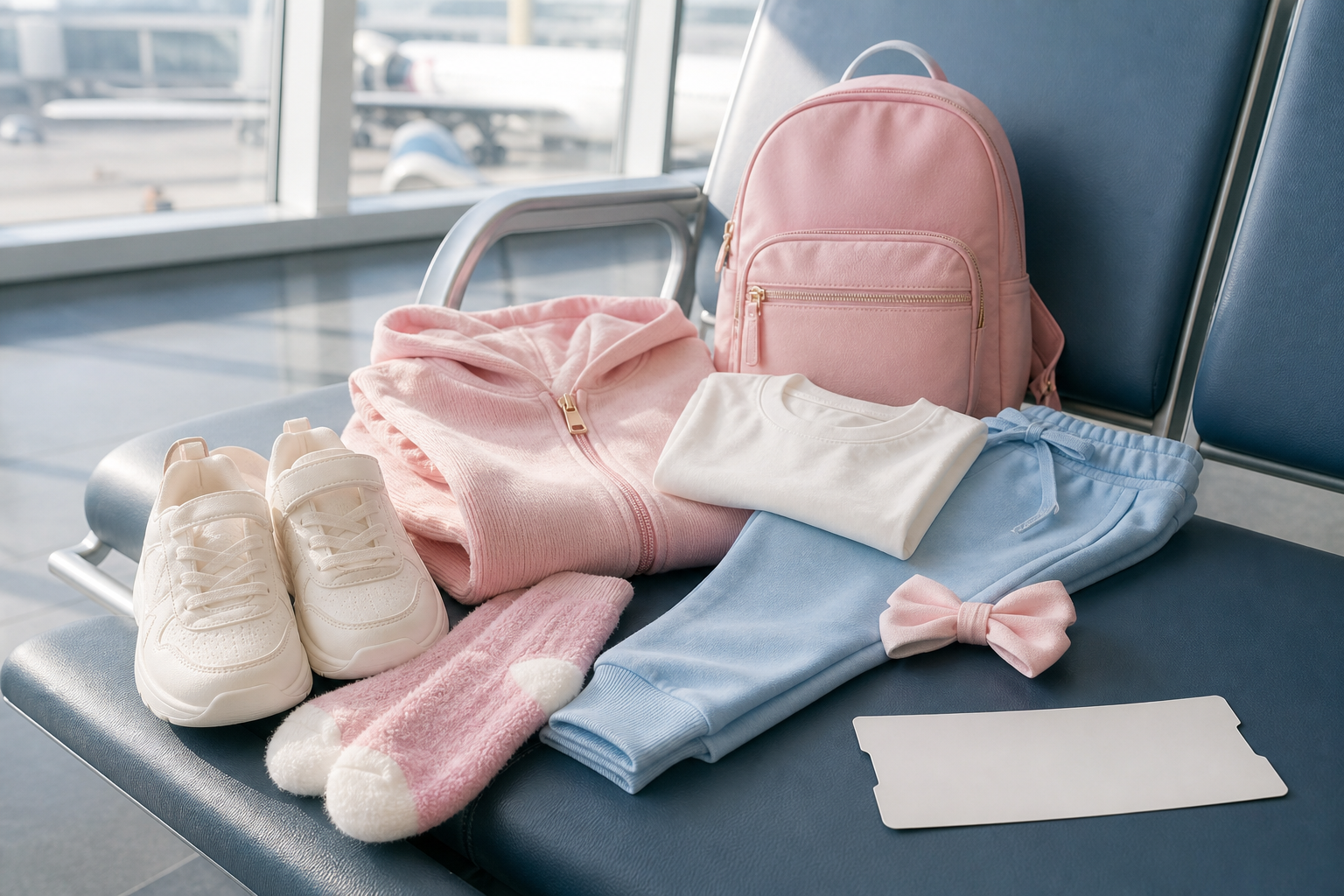 Roupa infantil confortável para aeroporto com casaco leve, tênis, mochila e short