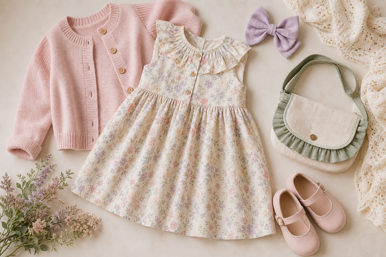 Vestido cardigan laço sapato e bolsa para almoço em família