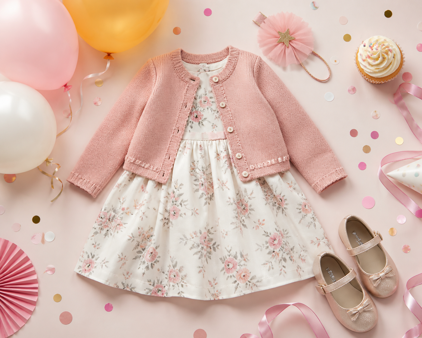 Vestido infantil com cardigan e sapato confortável para aniversário