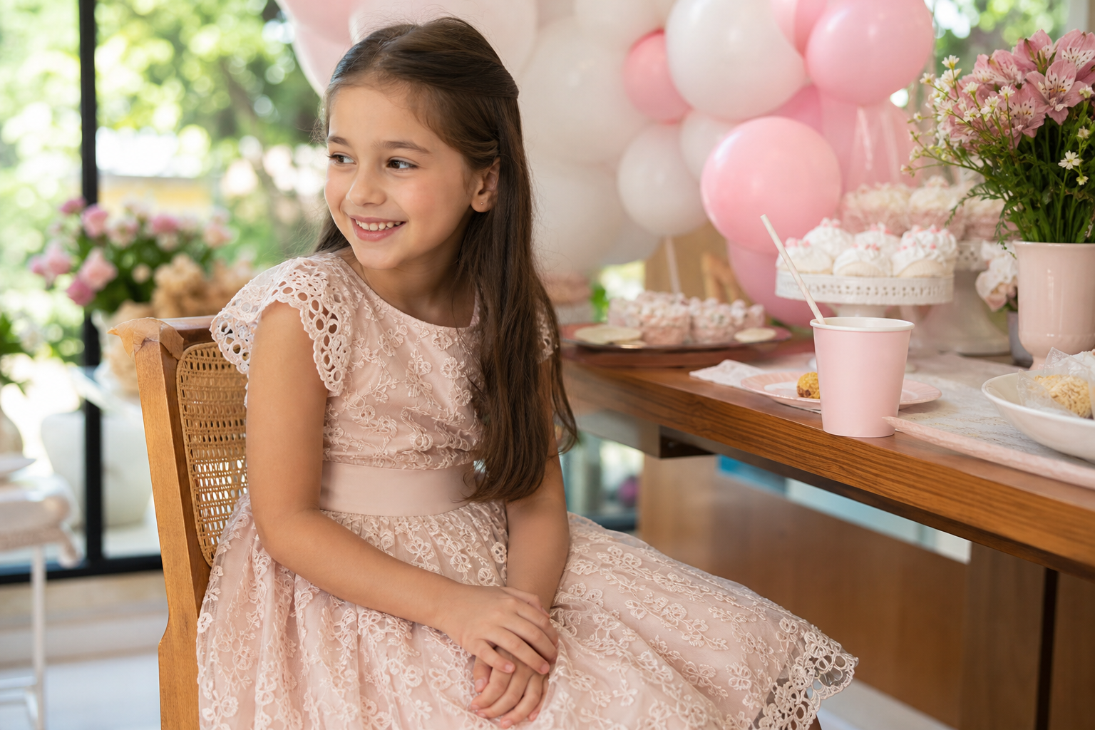 Menina com vestido confortável em aniversário infantil no buffet