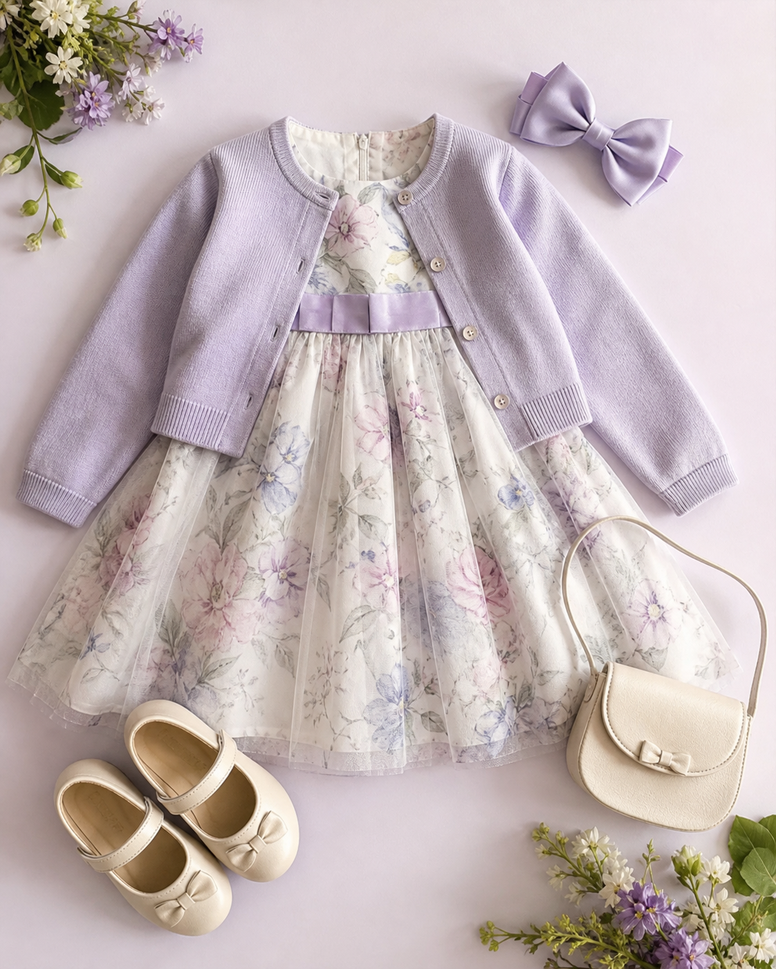 Vestido infantil cardigan sapatilha laço e bolsa para aniversário em buffet