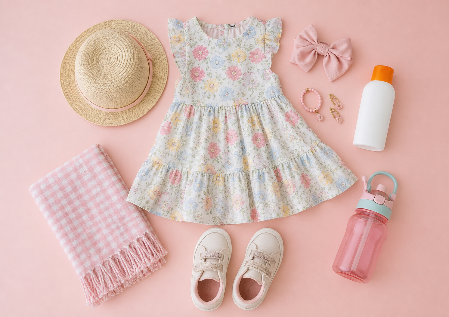 Vestido leve tênis chapéu e laço para aniversário infantil em parque
