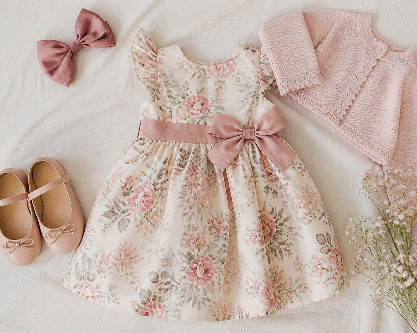 Vestido floral laço sapatilha e cardigan para chá de bebê infantil