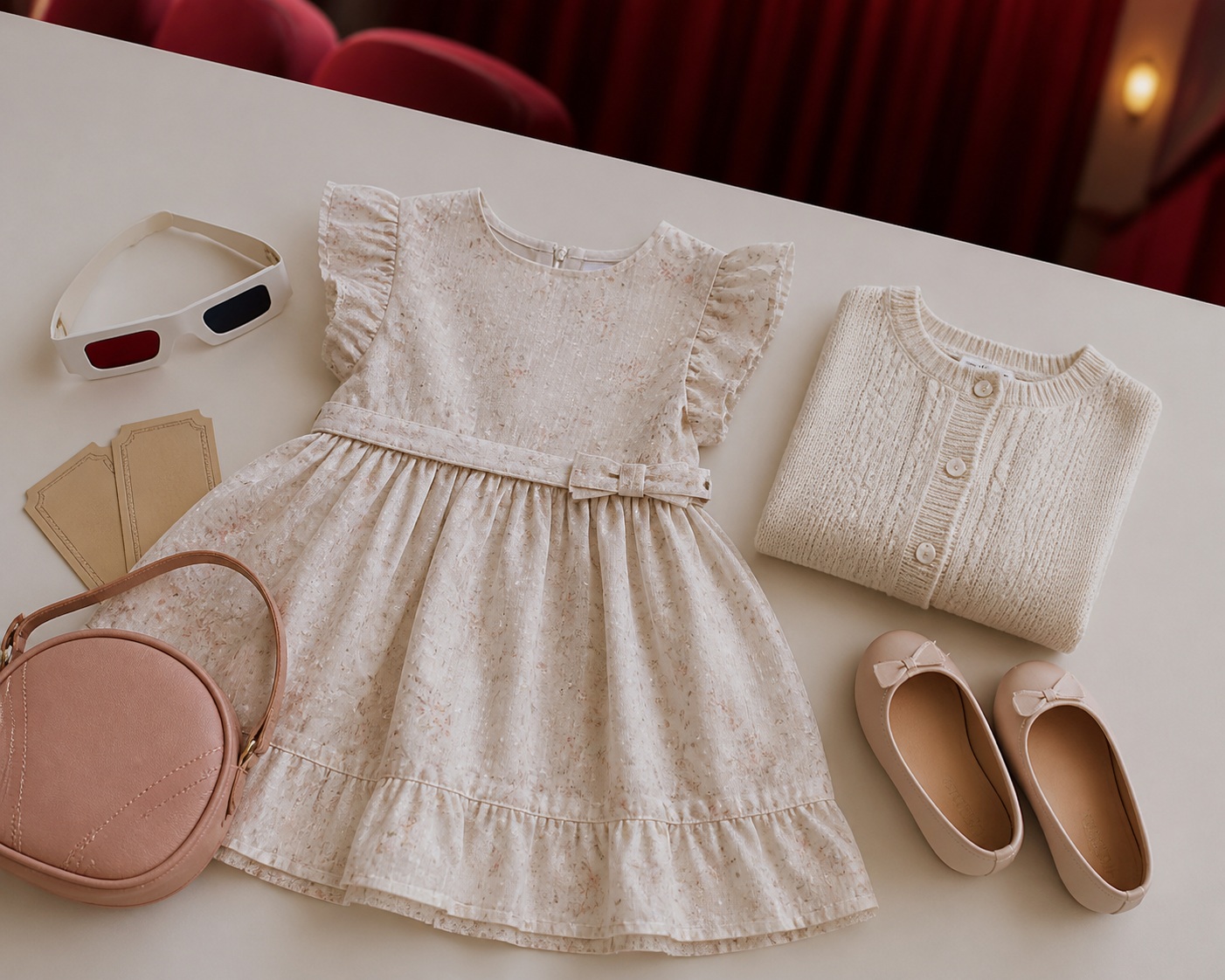 Vestido infantil cardigan sapatilha e bolsa para cinema ou teatro
