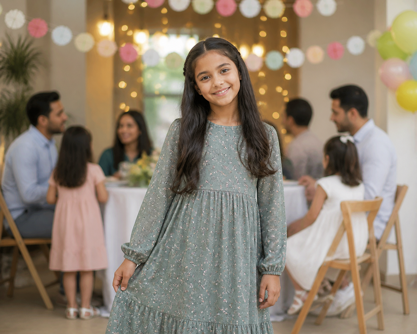 Menina com vestido confortável em confraternização escolar de fim de ano