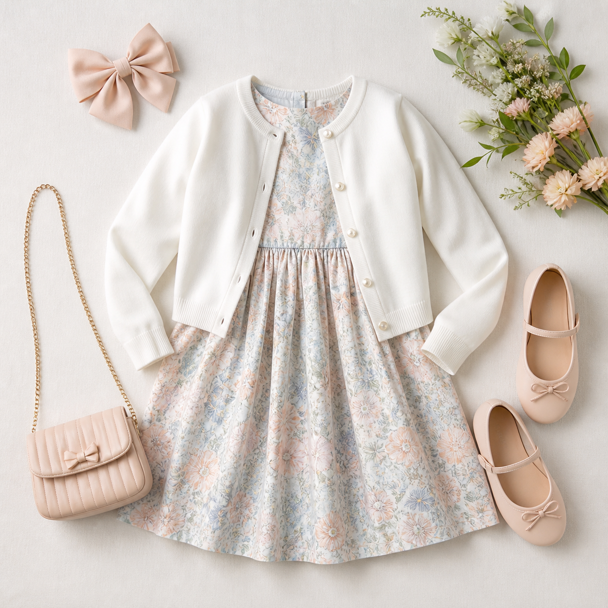 Vestido cardigan laço e sapato macio para confraternização infantil