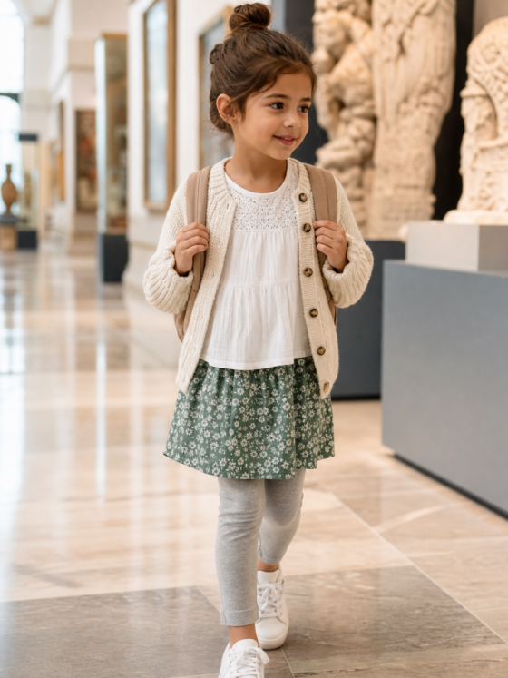 Roupa infantil para excursão escolar ao museu: movimento, camadas e identificação