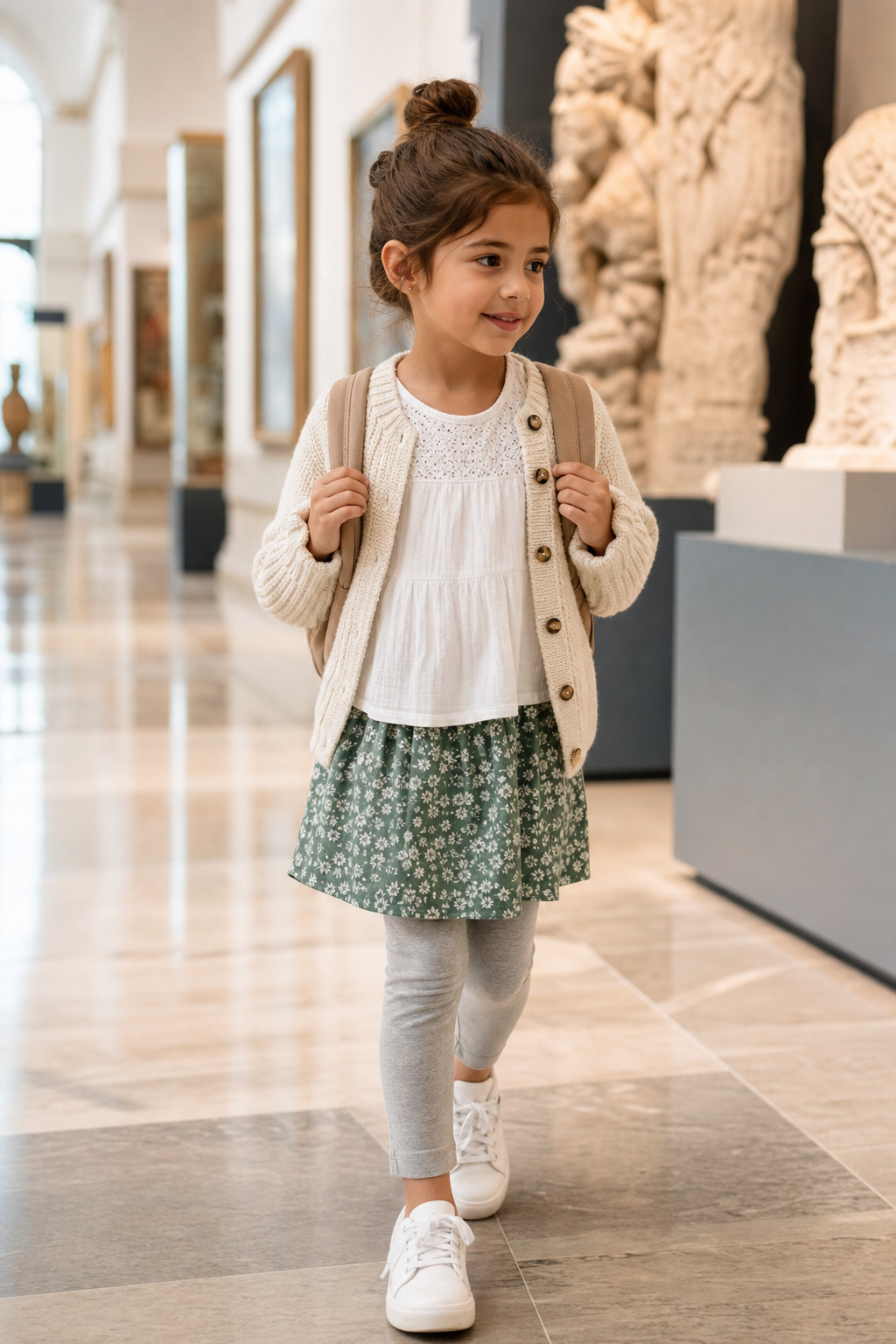 Roupa infantil para excursão escolar ao museu: movimento, camadas e identificação