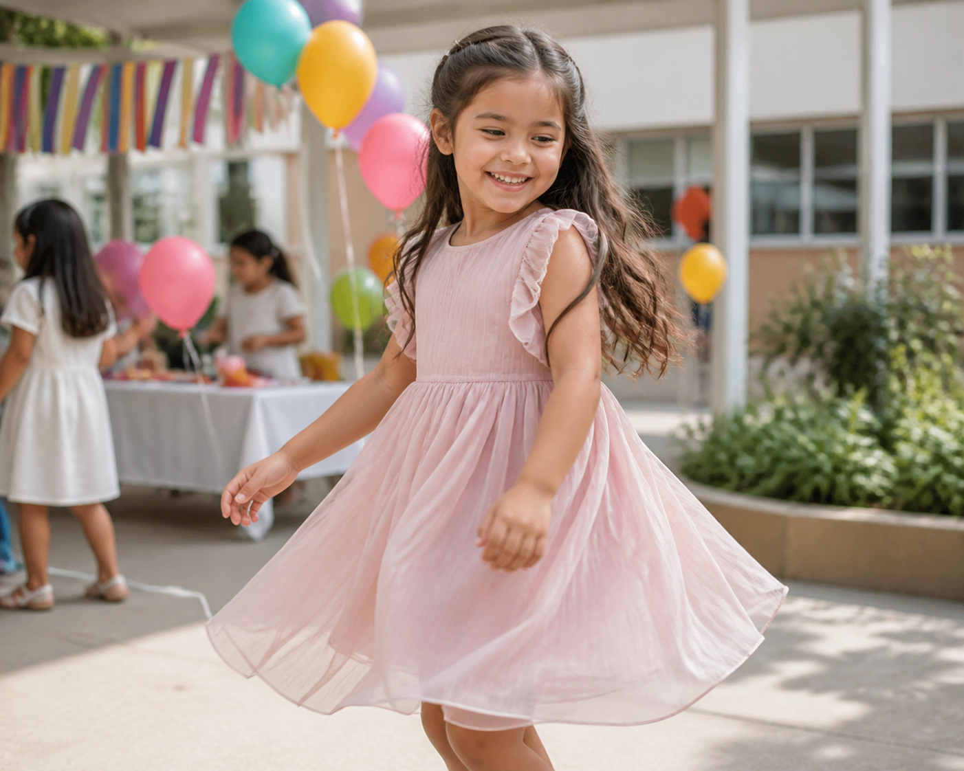 Menina com vestido confortável em feira cultural da escola