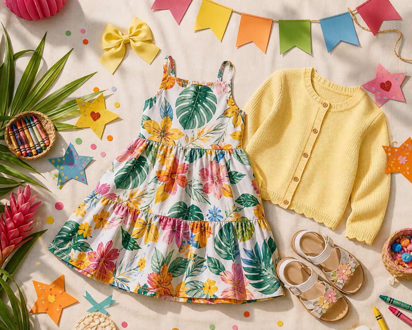 Vestido sandália laço e cardigan para evento escolar infantil