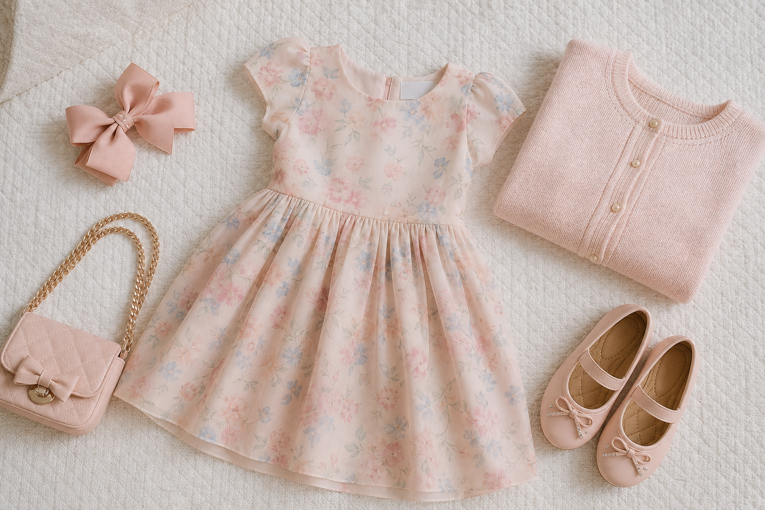Vestido cardigan sapatilha laço e bolsa para festa infantil em salão