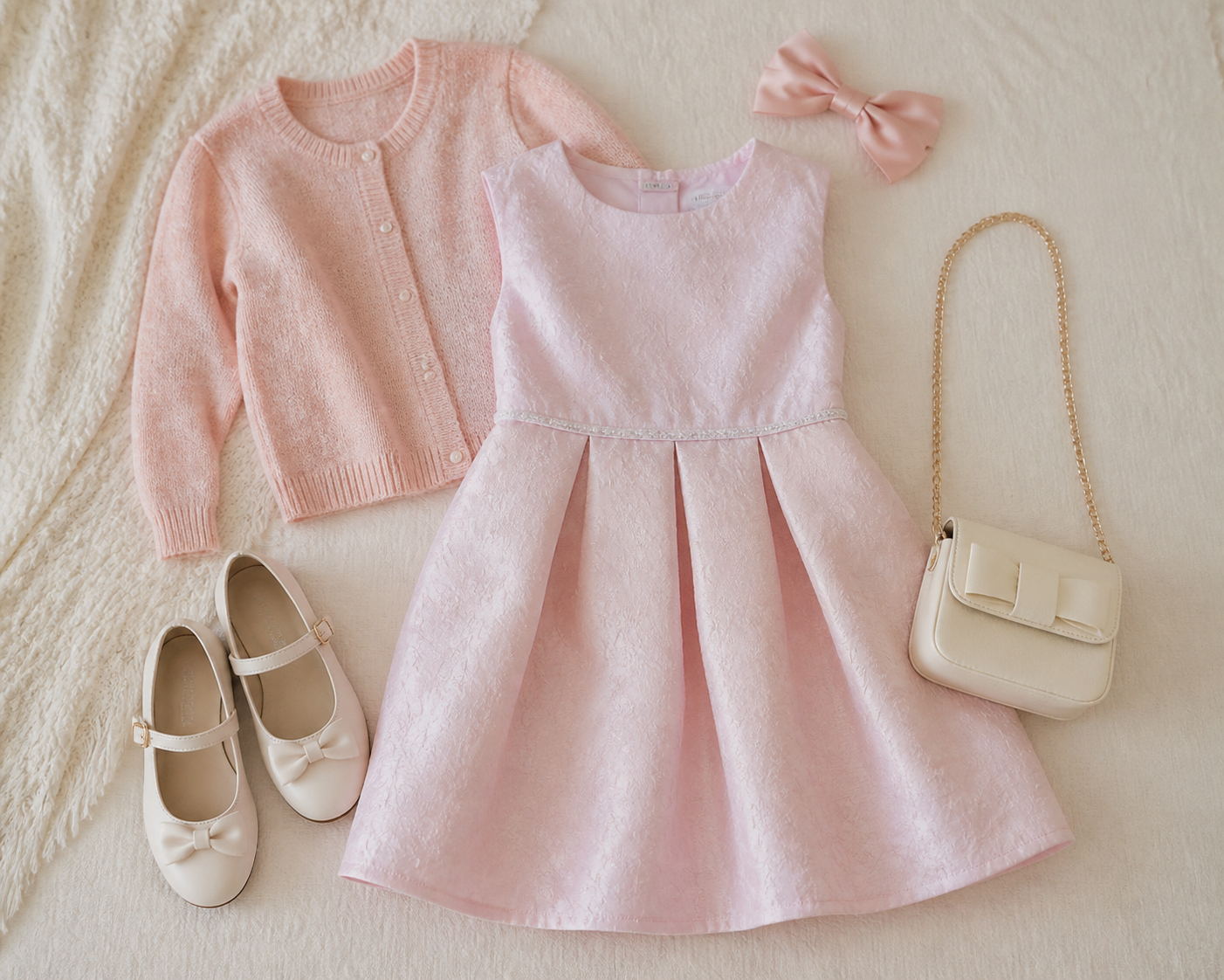 Vestido cardigan sapato macio e laço para jantar infantil