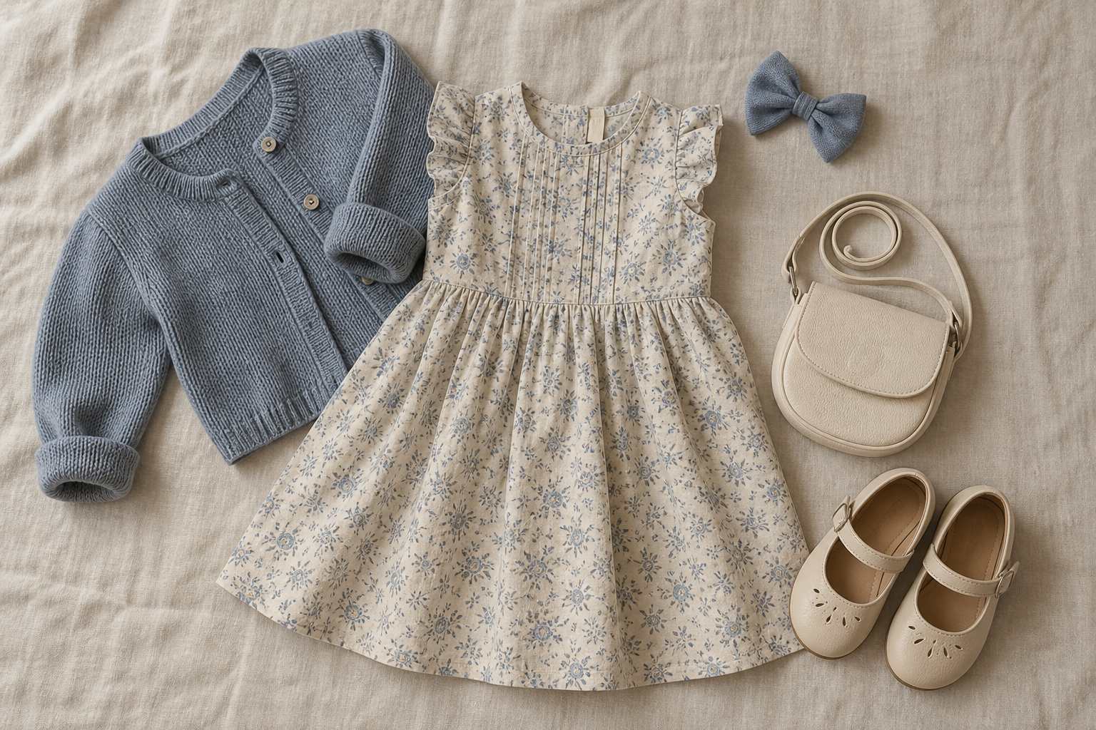 Vestido cardigan sapato macio e laço para jantar infantil